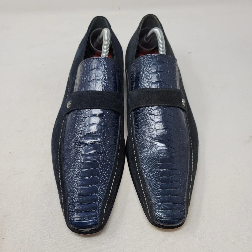 Mauri Shoes Mens 8 Italy Navy Blue Genuine Ostrich Leg Suede Loafers Dress